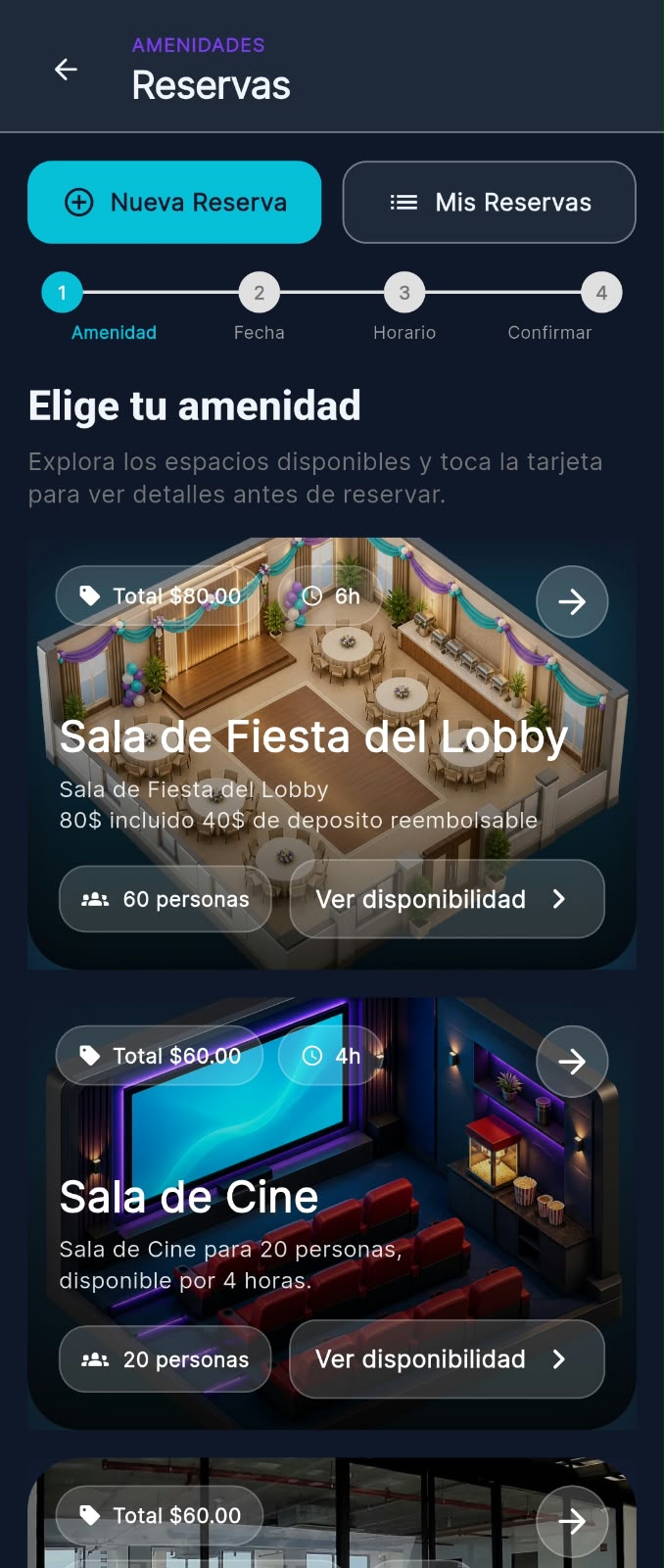 Pantalla de la app Trivali para elegir amenidades y consultar su disponibilidad